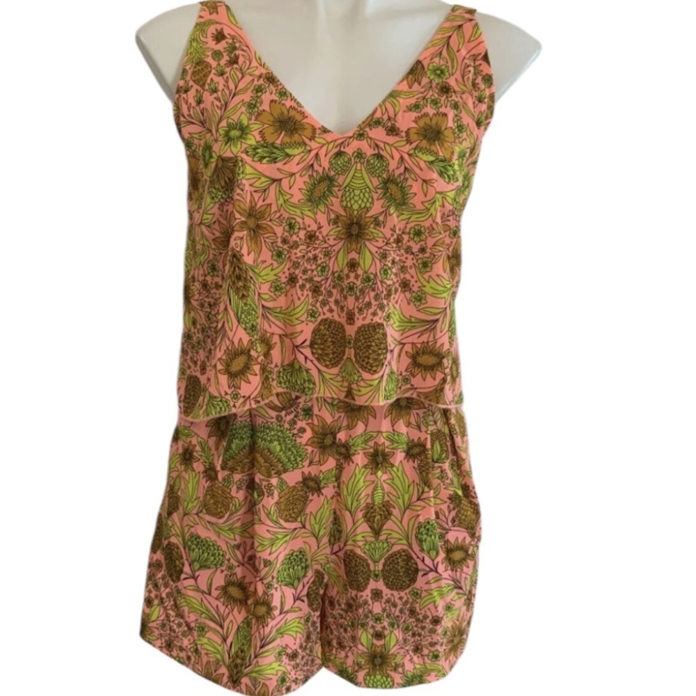 H&M Pink Floral V-Neck Romper with Green Accents